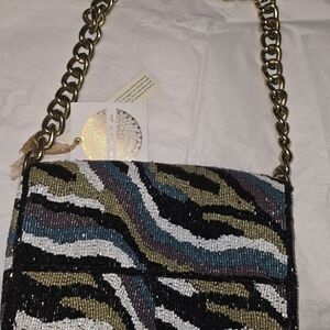 T.J.Maxx Multicolor Beaded Shoulder Bag with Gold Chain